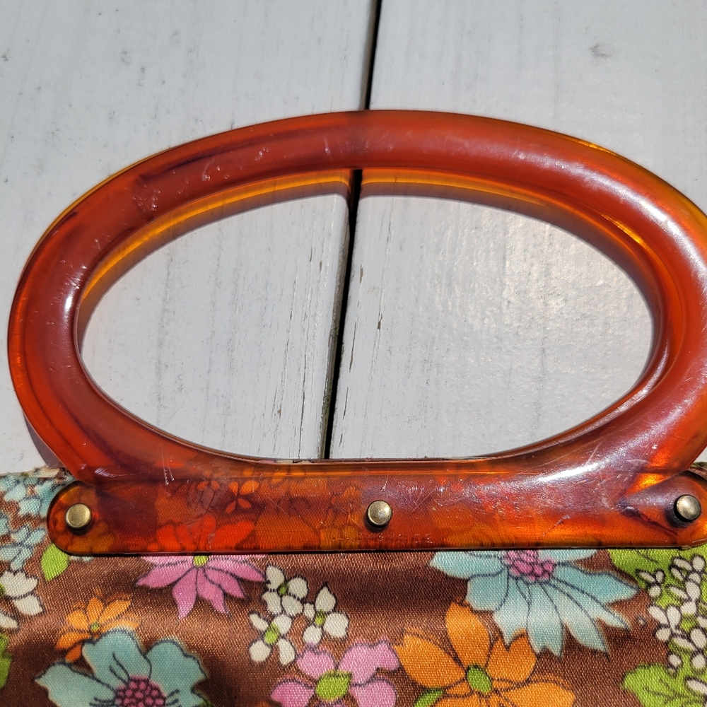 Vintage Lady's Pride Folding Floral Tote ~ Mod 1960s ~ Lucite Handles ~ Flawed - Picture 6 of 16